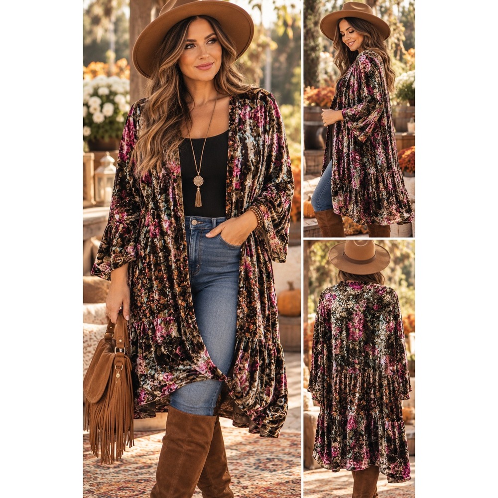 Easel Los Angeles Floral Crushed Velvet Tiered Ruffle Open Front Cardigan Small